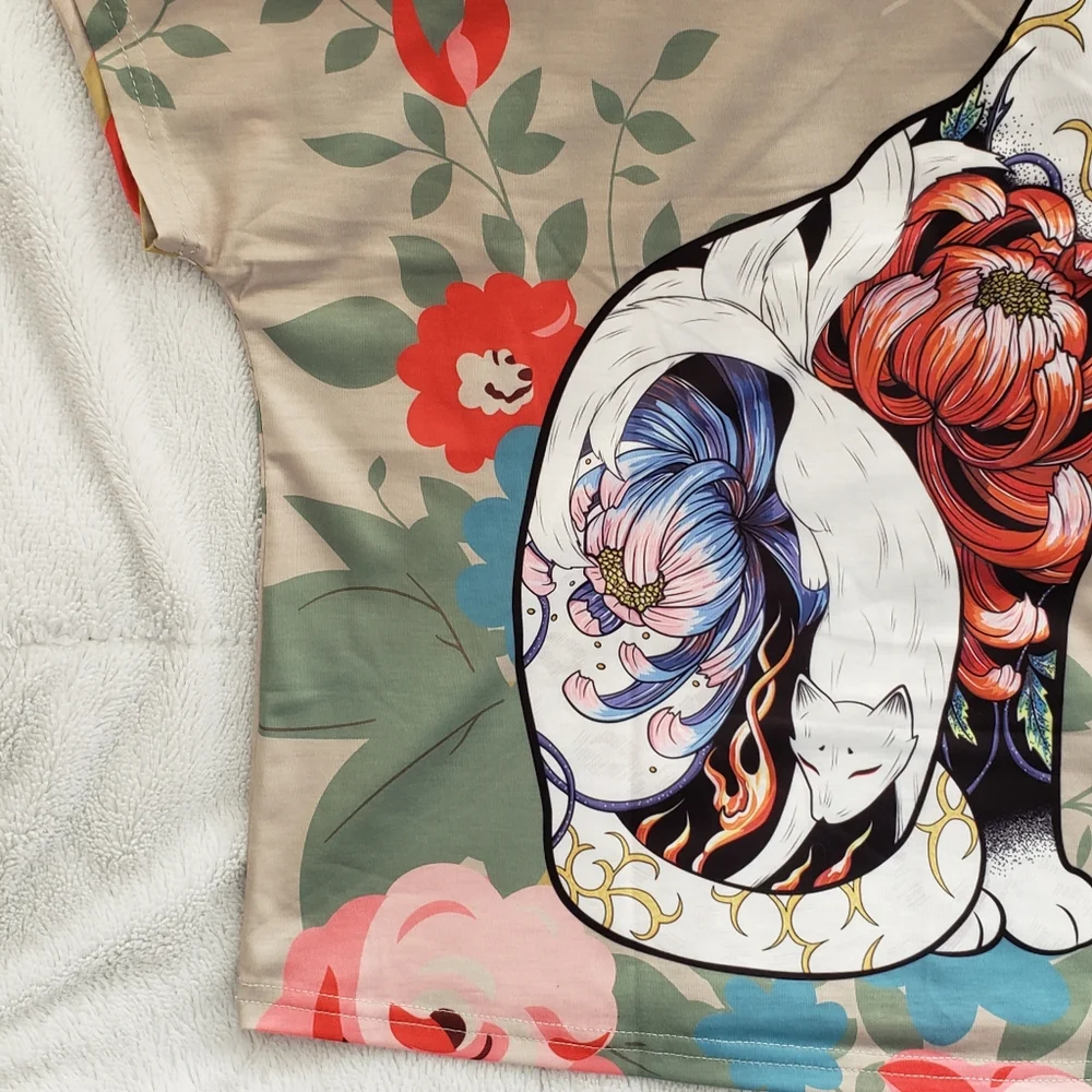 Anna-Kaci Beige Floral Cat Graphic Short Sleeve Tee